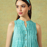 Sleeveless A-line Shirt Dress Blue Moth and Stripe Print..