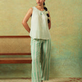 Flared Bottom Pants Green Wide Stripes
