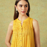 Sleeveless A-line Shirt Dress Yellow Moth and Stripe Print