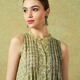 Sleeveless A-line Shirt Dress Green Moth and Stripe Print