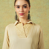 Collared Beige Dress with Details Straight Cut