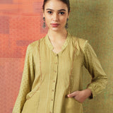 Block Printed Shirt with Pockets Green Stripe and Dot