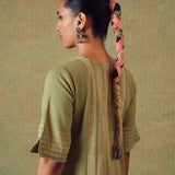Green Block Printed Dress Princess Line Cut with Stripes & Hand-Embroidered Pocket