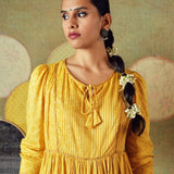 Yellow Flared Empire Line Dress with Yellow Stripe and Moth Block Print