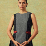Sleeveless black and grey panel A-line dress with red belt detailing – RA Studio