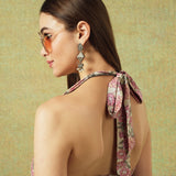 Back close up of Pink crinkled Jaipur block print halter neck dress with Jaal pattern – RA Studio