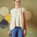 Hand Embroidery Flared Top Stripes Creamy White