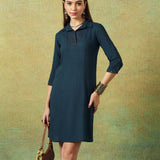 Collared Blue Dress with Details Straight Cut