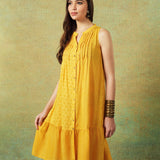 Sleeveless A-line Shirt Dress Yellow Moth and Stripe Print
