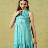 Sleeveless A-line Shirt Dress Blue Moth and Stripe Print..