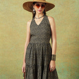 Dress Halter Neck Crinkled Jaipur Block Print Jaal Print Black