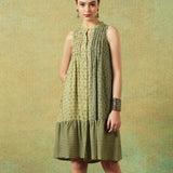 Sleeveless A-line Shirt Dress Green Moth and Stripe Print