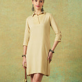 Collared Beige Dress with Details Straight Cut