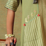 Green Block Printed Dress Princess Line Cut with Stripes & Hand-Embroidered Pocket