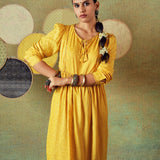 Yellow Flared Empire Line Dress with Yellow Stripe and Moth Block Print