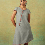 Short-sleeved grey A-line dress with subtle black and white accents – RA Studio