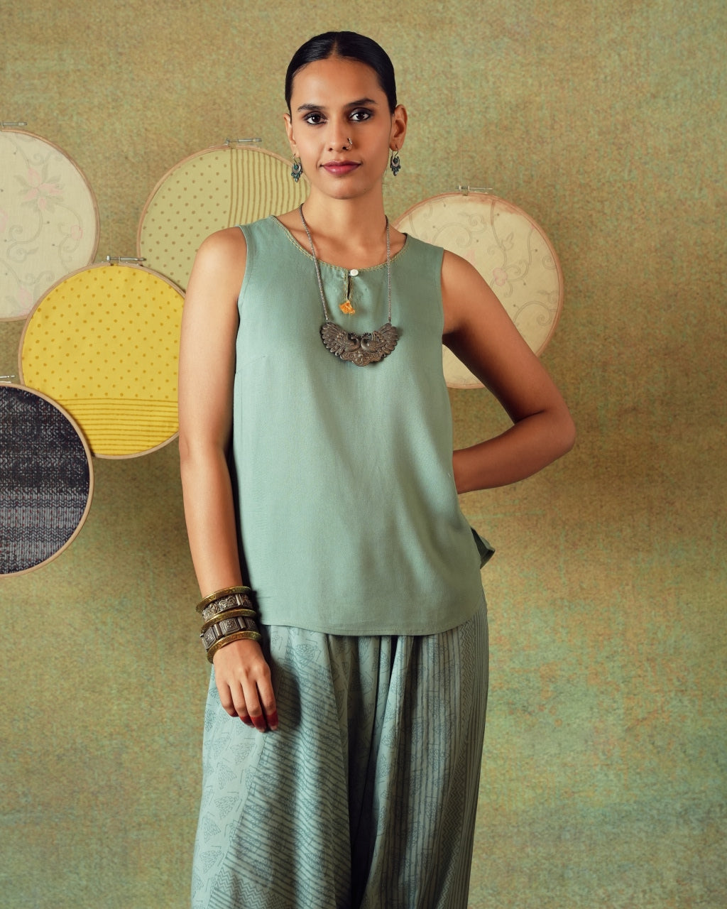 Green striped Turkish pants with moth block print – RA Studio