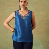 Blue sleeveless Dupion silk top with hand embroidery