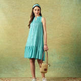 Sleeveless A-line Shirt Dress Blue Moth and Stripe Print..