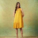 Sleeveless A-line Shirt Dress Yellow Moth and Stripe Print