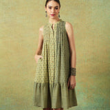 Sleeveless A-line Shirt Dress Green Moth and Stripe Print