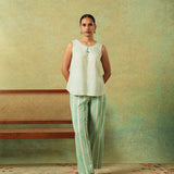 Flared Bottom Pants Green Wide Stripes