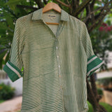Green Thin-Stripe Block Print Collared Tunic Shirt with Turn-Up Sleeves