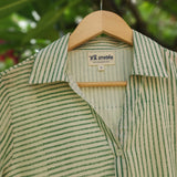 Green Thin-Stripe Block Print Collared Tunic Shirt with Turn-Up Sleeves