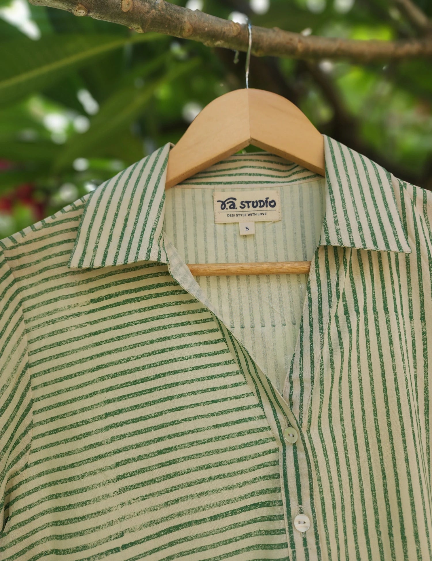 Green Thin-Stripe Block Print Collared Tunic Shirt with Turn-Up Sleeves