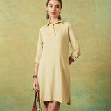 Collared Beige Dress with Details Straight Cut