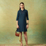 Collared Blue Dress with Details Straight Cut