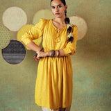 Yellow Flared Empire Line Dress with Yellow Stripe and Moth Block Print