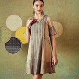 Beige Block Print Dress Princess Line Cut with Stripes & Hand-Embroidered Pocket