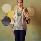 Beige Block Printed Tunic Flared Comfort Fit with Princess Line Cut & Embroidered Pocket