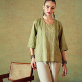 Green Block Printed Tunic Princess Line Cut with Embroidered Pocket