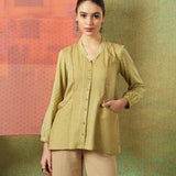 Block Printed Shirt with Pockets Green Stripe and Dot