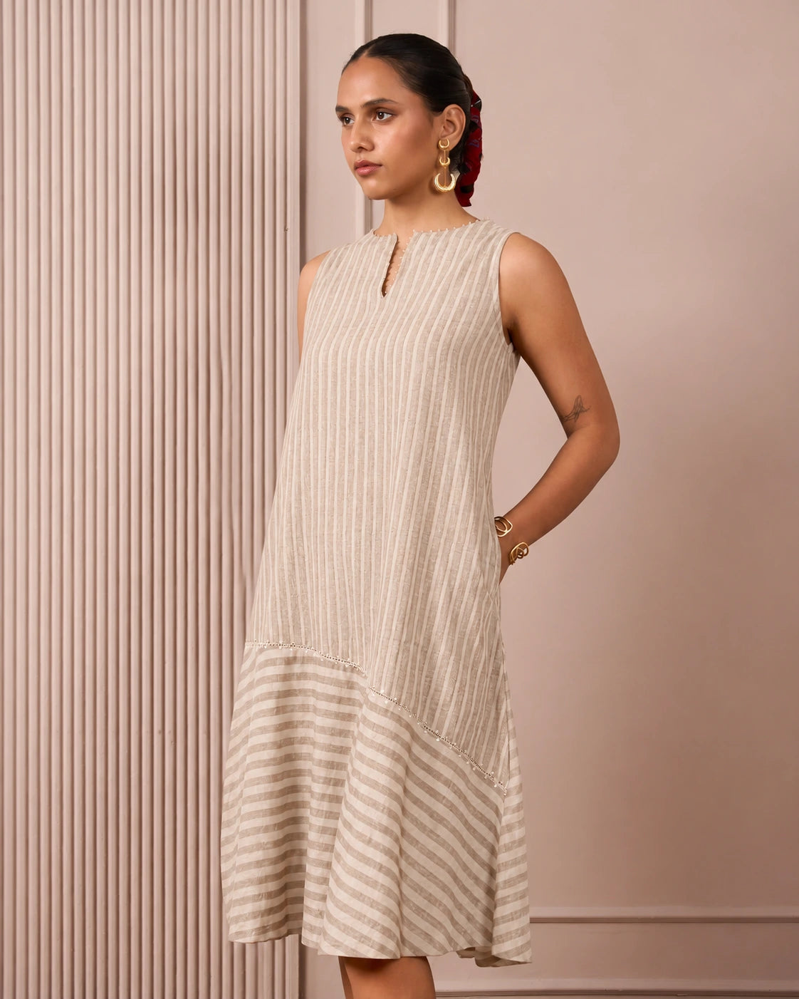 Maroon Sleeveless Block Printed Dress with Vertical and Diagonal Stripes