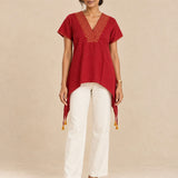 Red Cotton-Flax V-Neck Side-Tie Tunic with Gold Block Print