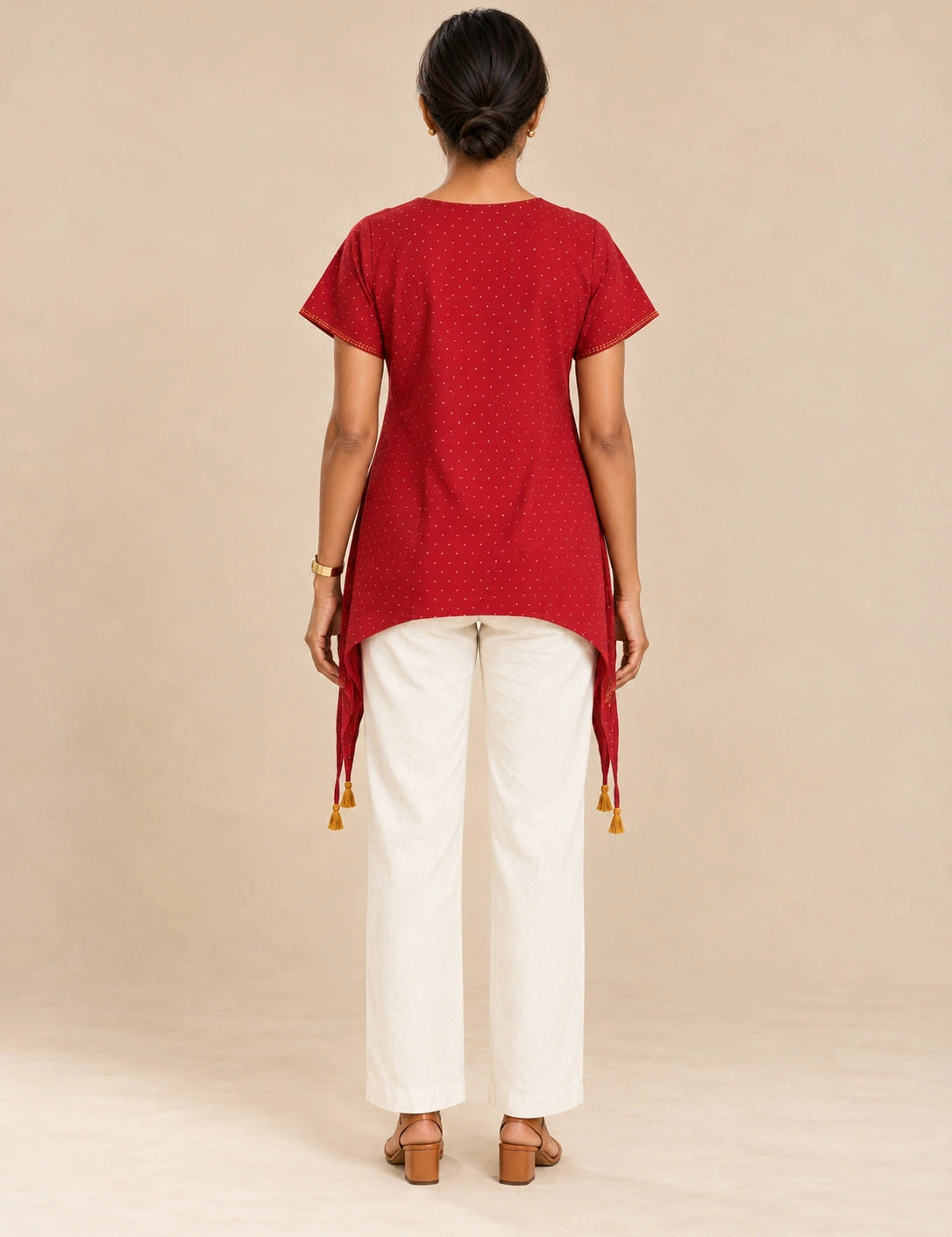 Red Cotton-Flax V-Neck Side-Tie Tunic with Gold Block Print