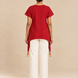 Red Cotton-Flax V-Neck Side-Tie Tunic with Gold Block Print