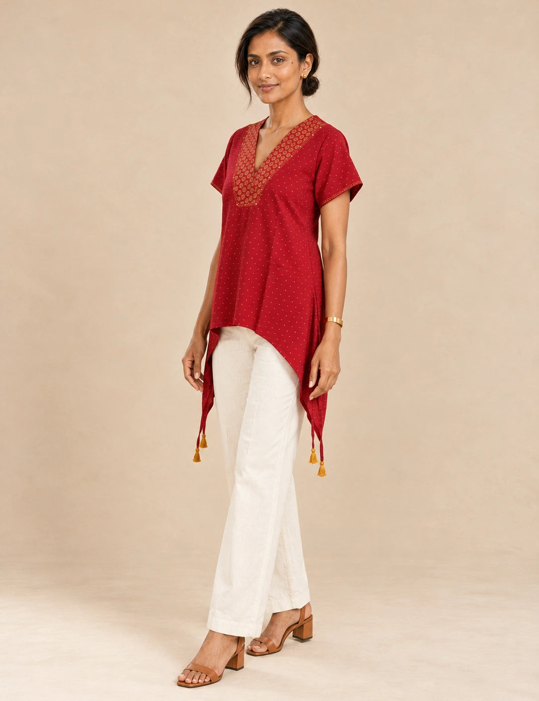 Red Cotton-Flax V-Neck Side-Tie Tunic with Gold Block Print