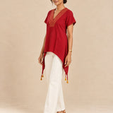 Red Cotton-Flax V-Neck Side-Tie Tunic with Gold Block Print