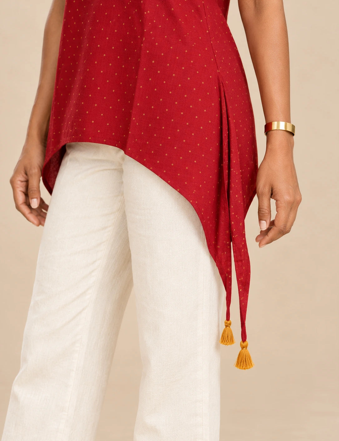 Red Cotton-Flax V-Neck Side-Tie Tunic with Gold Block Print