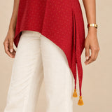 Red Cotton-Flax V-Neck Side-Tie Tunic with Gold Block Print