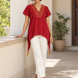 Red Cotton-Flax V-Neck Side-Tie Tunic with Gold Block Print