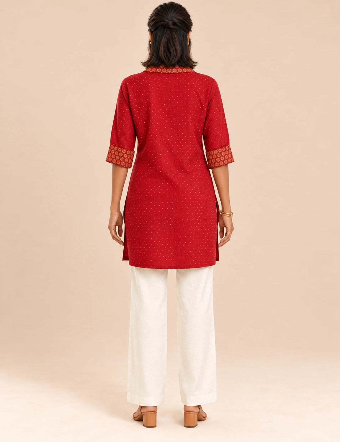 Red Cotton-Flax Camp-Collar Tunic with Gold Floral Block Print
