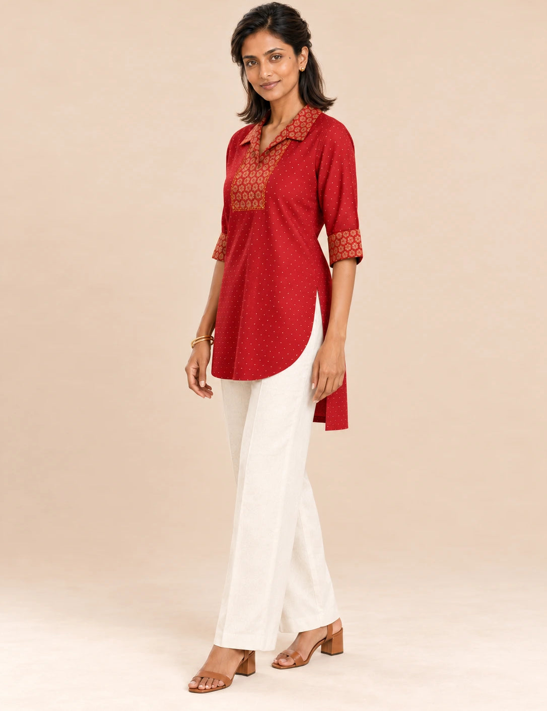 Red Cotton-Flax Camp-Collar Tunic with Gold Floral Block Print