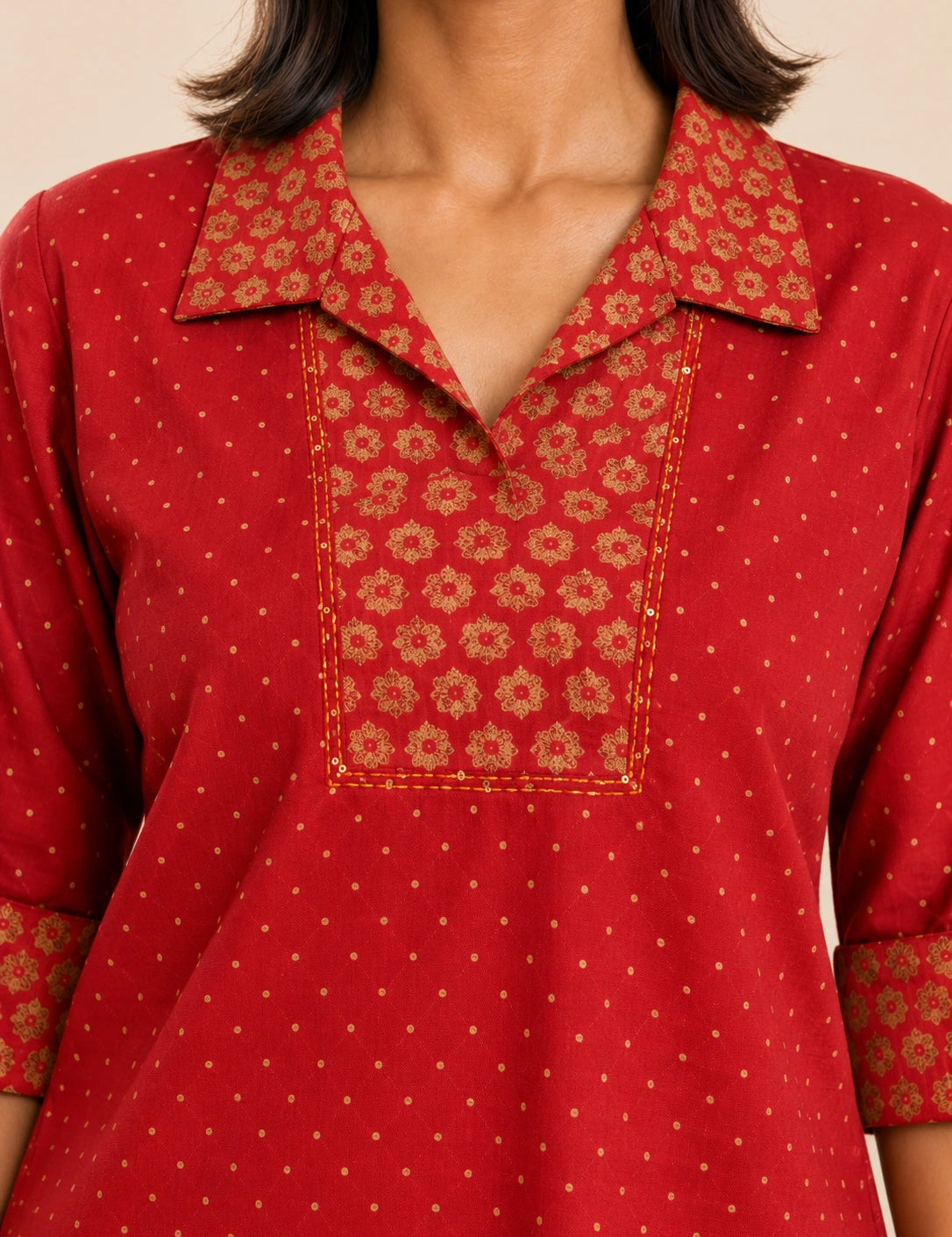 Red Cotton-Flax Camp-Collar Tunic with Gold Floral Block Print