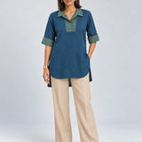 Blue Cotton-Flax Camp-Collar Tunic with Gold Zig-Zag Block Print