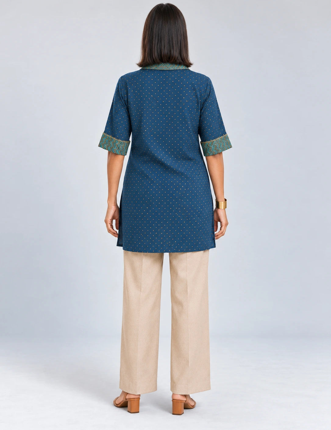 Blue Cotton-Flax Camp-Collar Tunic with Gold Zig-Zag Block Print
